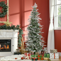 6ft Snow Flocked Artificial Christmas Tree Pencil Shape, Flame Retardant PVC, Metal Stand