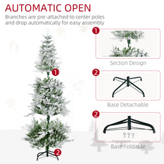 6ft Snow Flocked Artificial Christmas Tree Pencil Shape, Flame Retardant PVC, Metal Stand