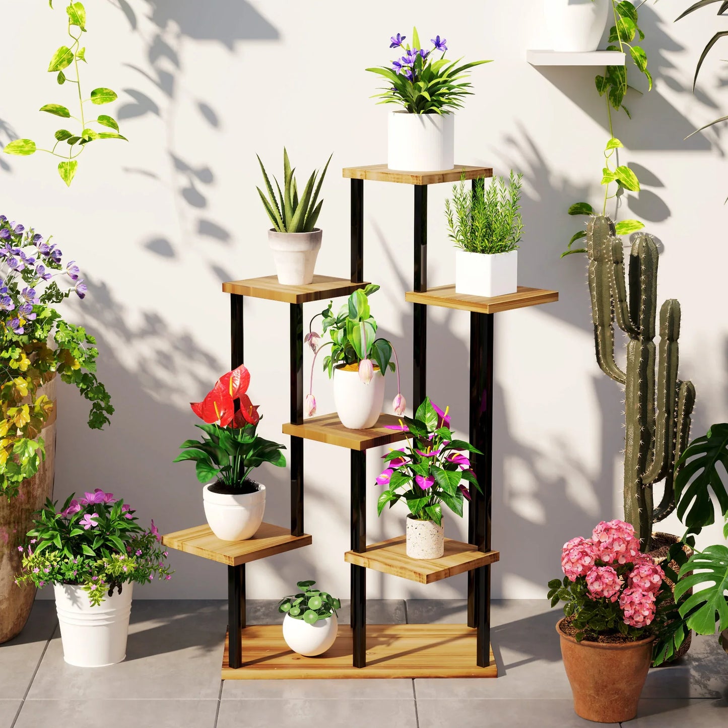 Outsunny 7-Tier Tall Plant Stand – Steel & Wood Shelf with Carbonised Finish | Multi-Layer Indoor Outdoor Display Rack for Flowers, Pots & Décor - Mode Blend