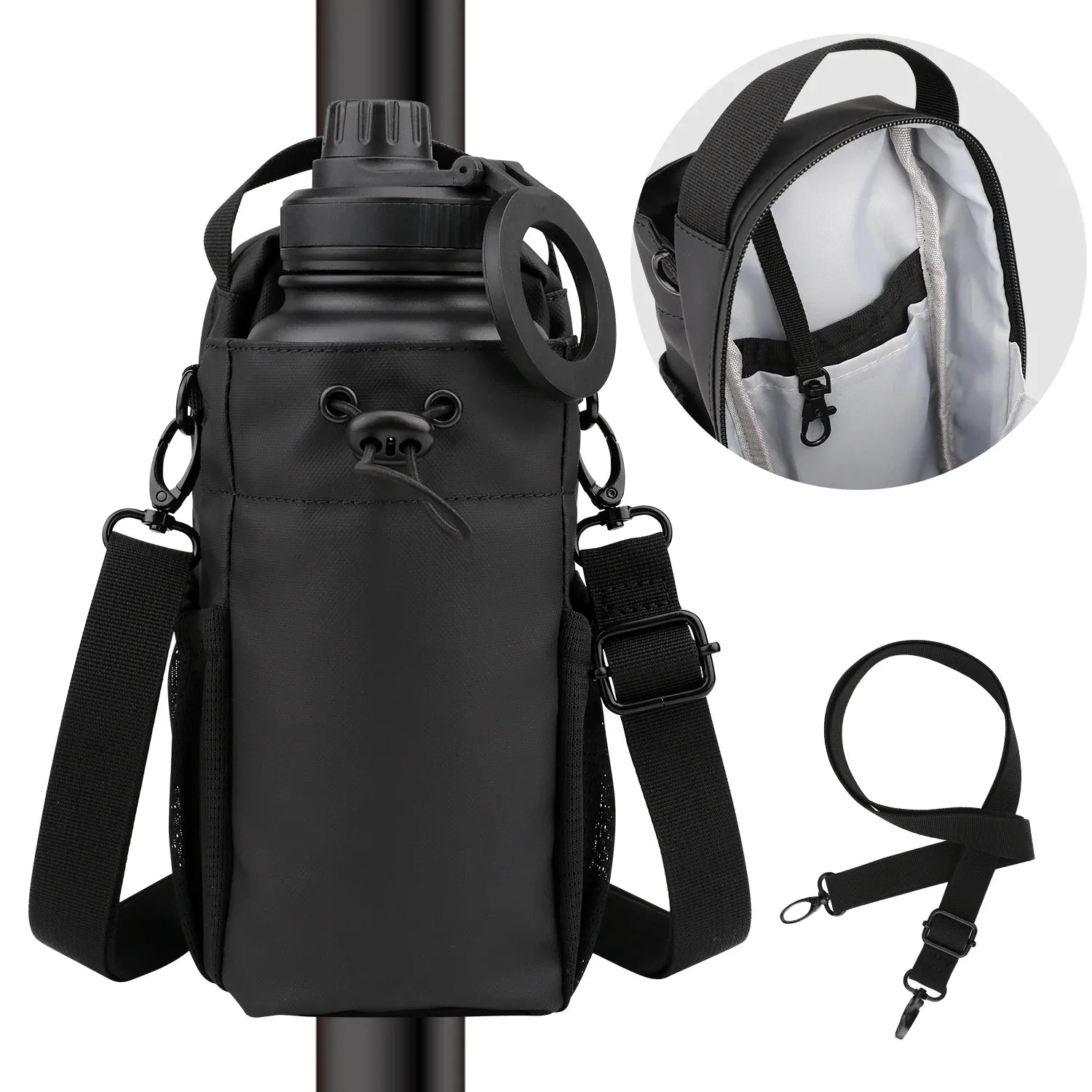 Mode Blend Magnetic Unisex Hands Free Gym & Travel Crossbody Bottle Sling Bag with Lockable Zippers, Magnetic Attachment for Hygiene & Convenience, Black - Mode Blend