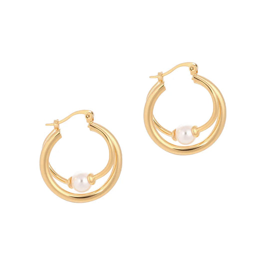 Unique Temperament Wrapped Circle Pearl Earrings 14K Gold Plated Brass with Hypoallergenic Steel Needle - Mode Blend