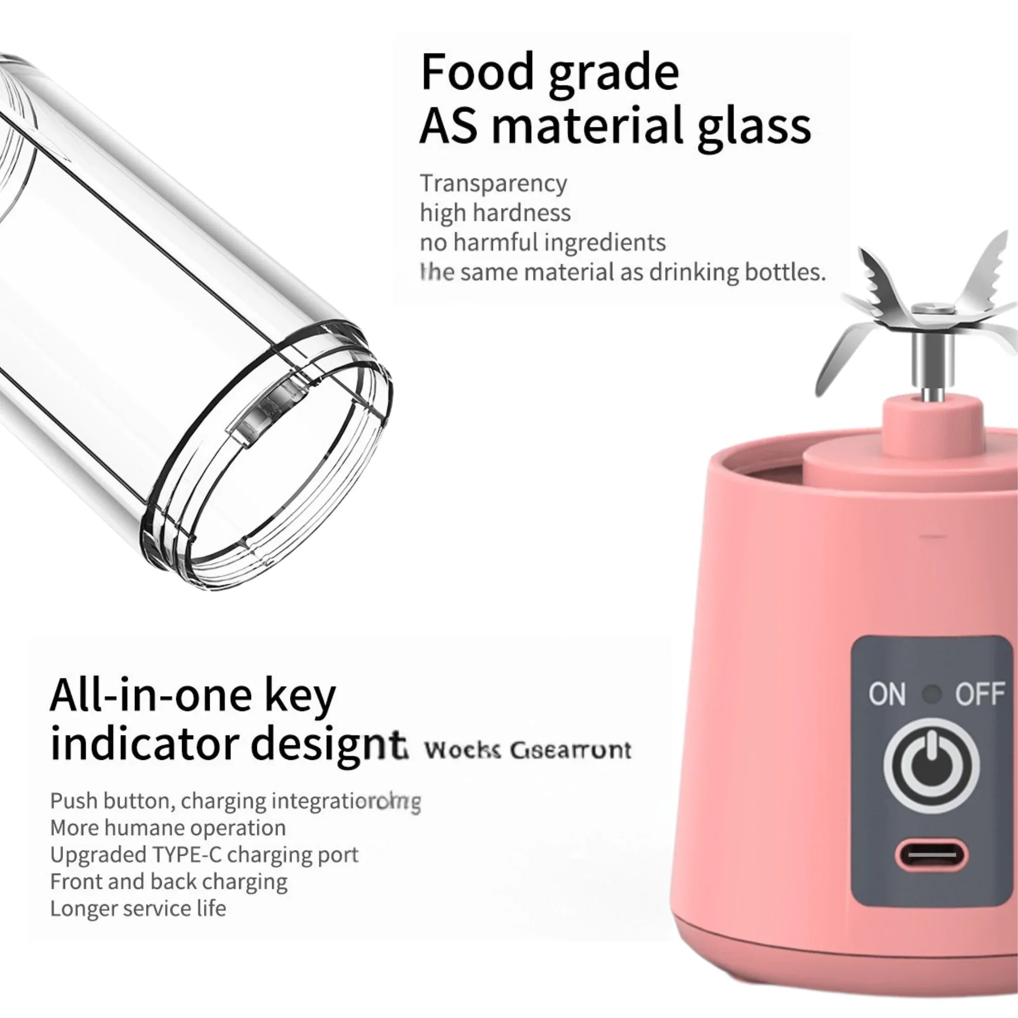 Portable USB Blender Rechargeable, 400ml, 6-Blade, Smoothie & Protein Shake Maker - Mode Blend