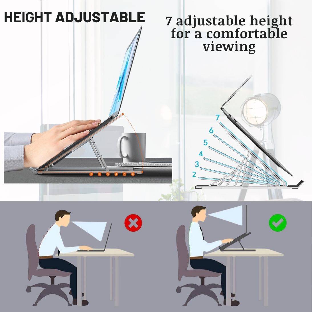 Laptop Stand Aluminum Alloy, Foldable & Lightweight, Adjustable 7 Angles (15°-45°), Ergonomic & Anti-Slip, Heat Dissipation, Supports 10"-15.6" Laptops up to 40 lbs, Perfect for Office, Home, Travel & Study