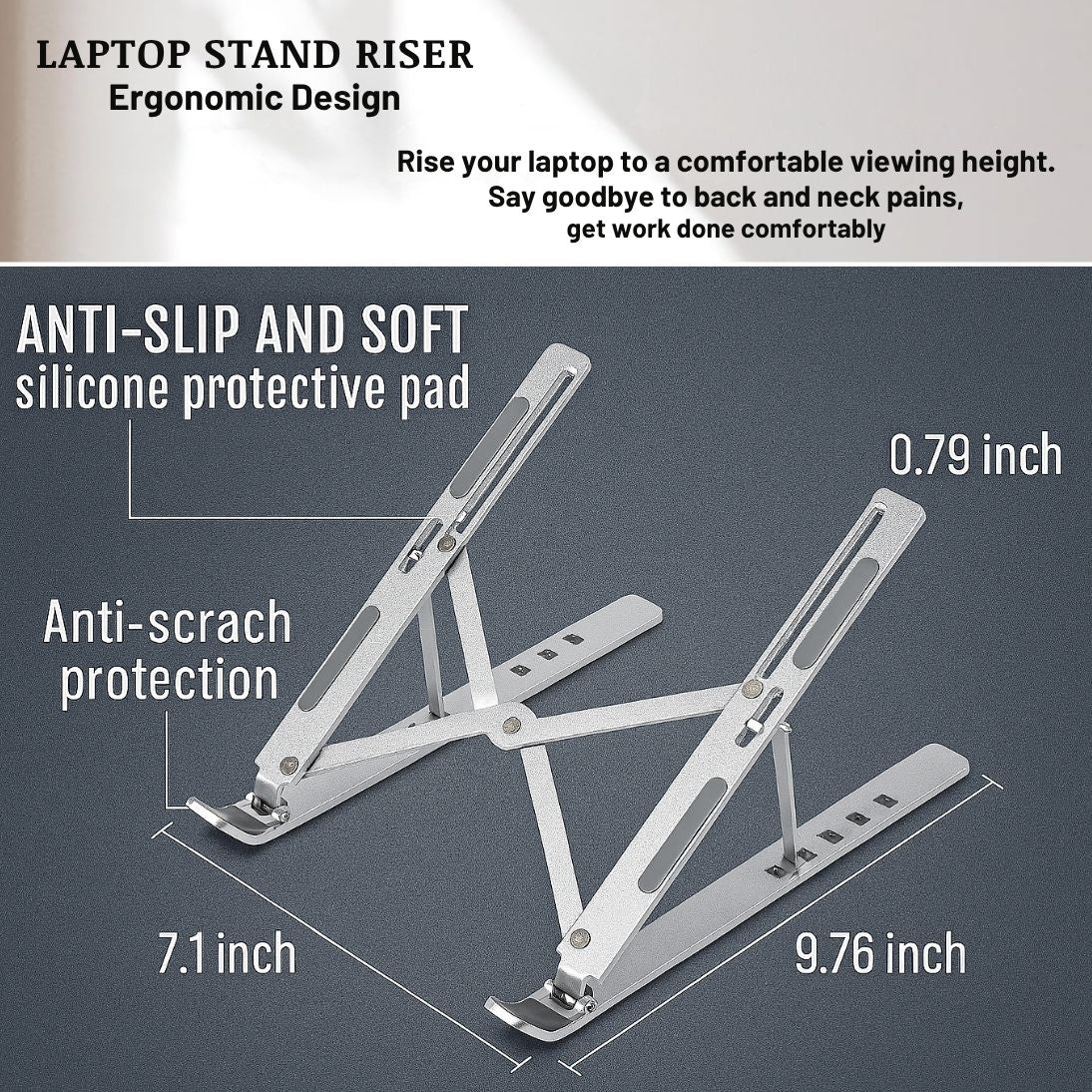 Laptop Stand Aluminum Alloy, Foldable & Lightweight, Adjustable 7 Angles (15°-45°), Ergonomic & Anti-Slip, Heat Dissipation, Supports 10"-15.6" Laptops up to 40 lbs, Perfect for Office, Home, Travel & Study