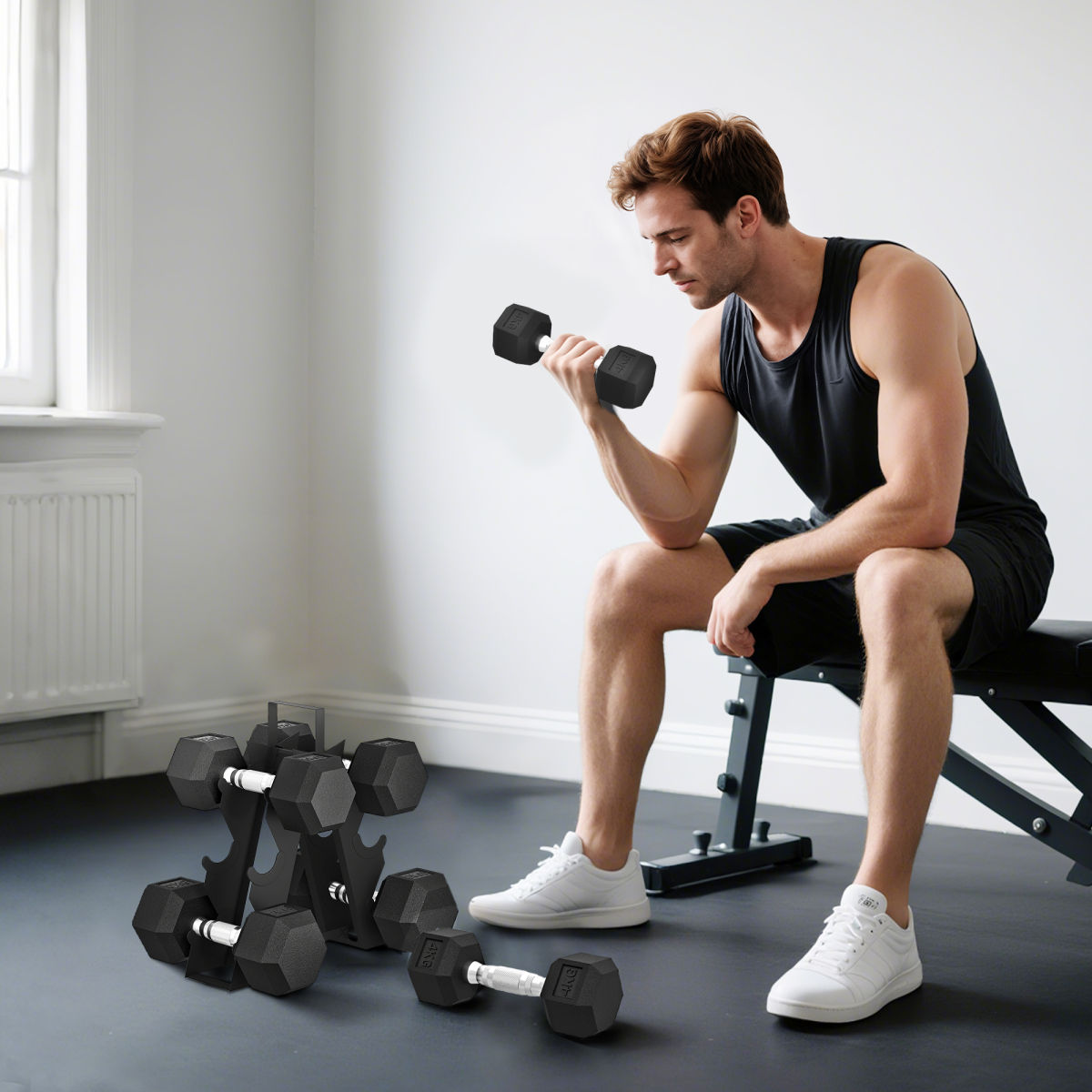 Cast Iron Dumbbell Set with Rubber Coating, Non‑Slip Handles and 4–8 kg Weights with Storage Rack – Black