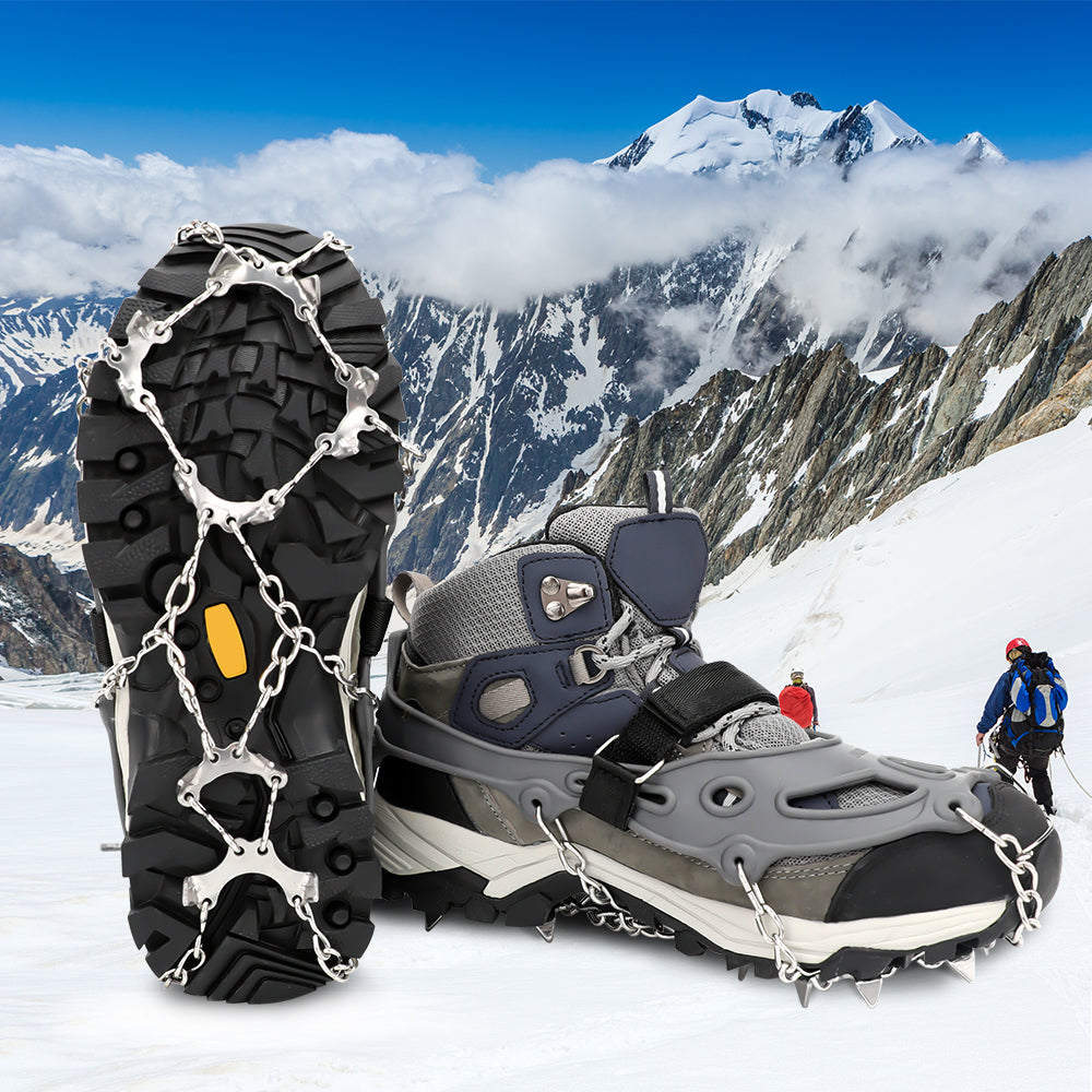 Ice Cleats Traction Snow Grips for Boots & Shoes 12 Stainless Steel Spikes, Anti-Slip, Adjustable, Anti-Freeze for Hiking, Walking, Mountaineering, Fishing (Unisex)