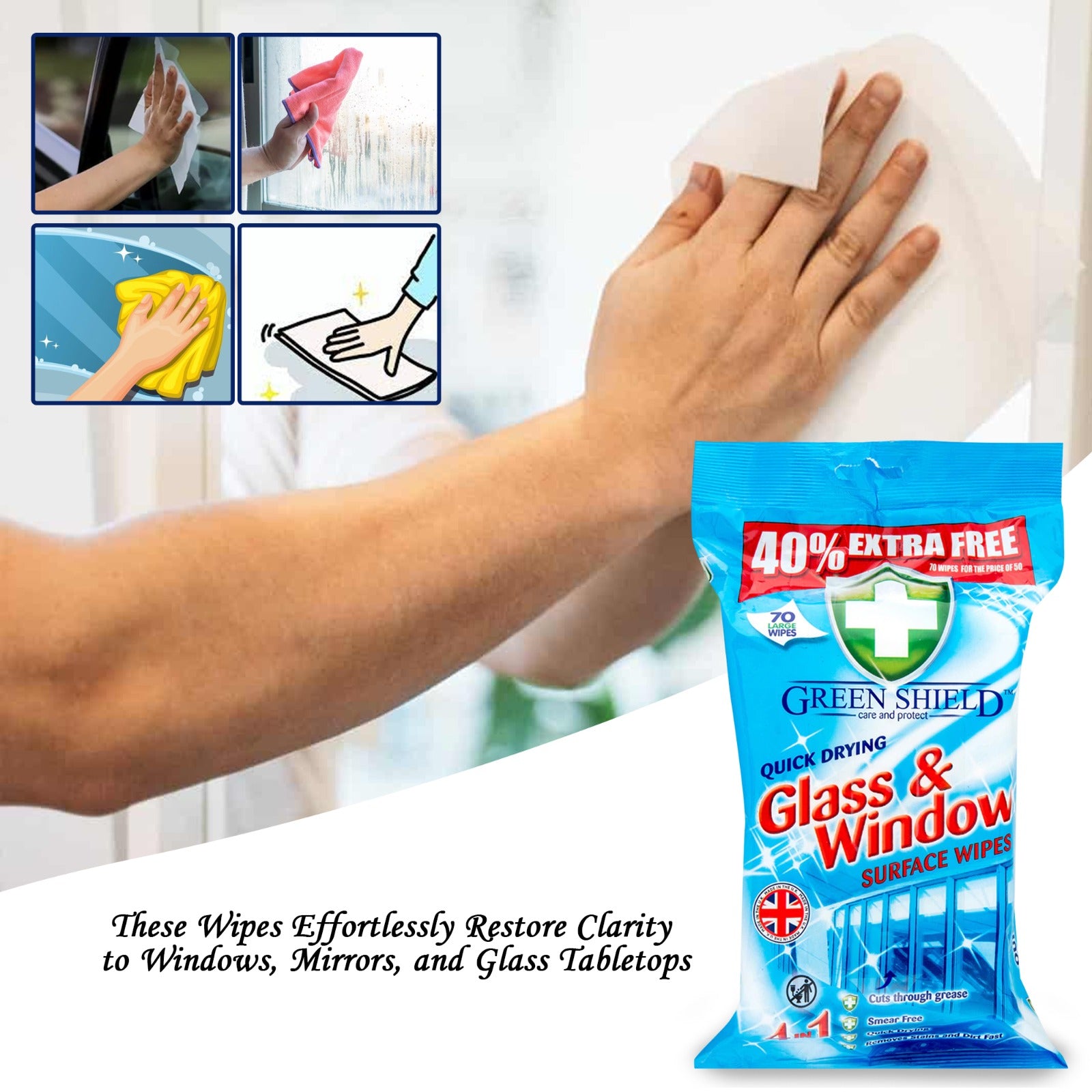 Mode Blend Green Shield Wipes ensuring a gleaming, streak-free shine for glass surfaces