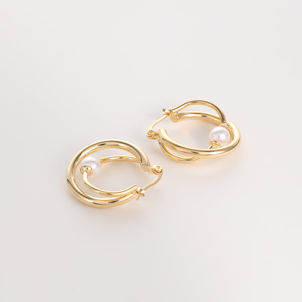 Unique Temperament Wrapped Circle Pearl Earrings 14K Gold Plated Brass with Hypoallergenic Steel Needle