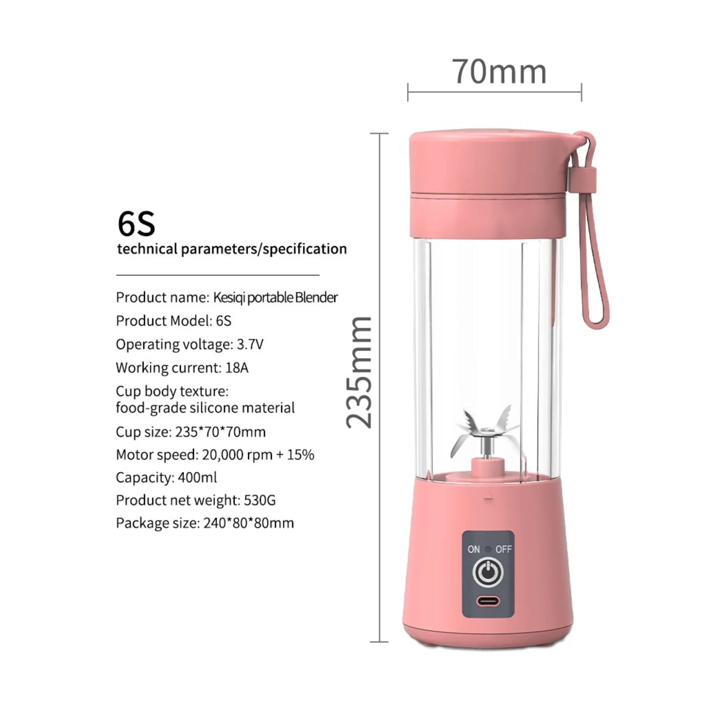 Portable USB Blender Rechargeable, 400ml, 6-Blade, Smoothie & Protein Shake Maker - Mode Blend