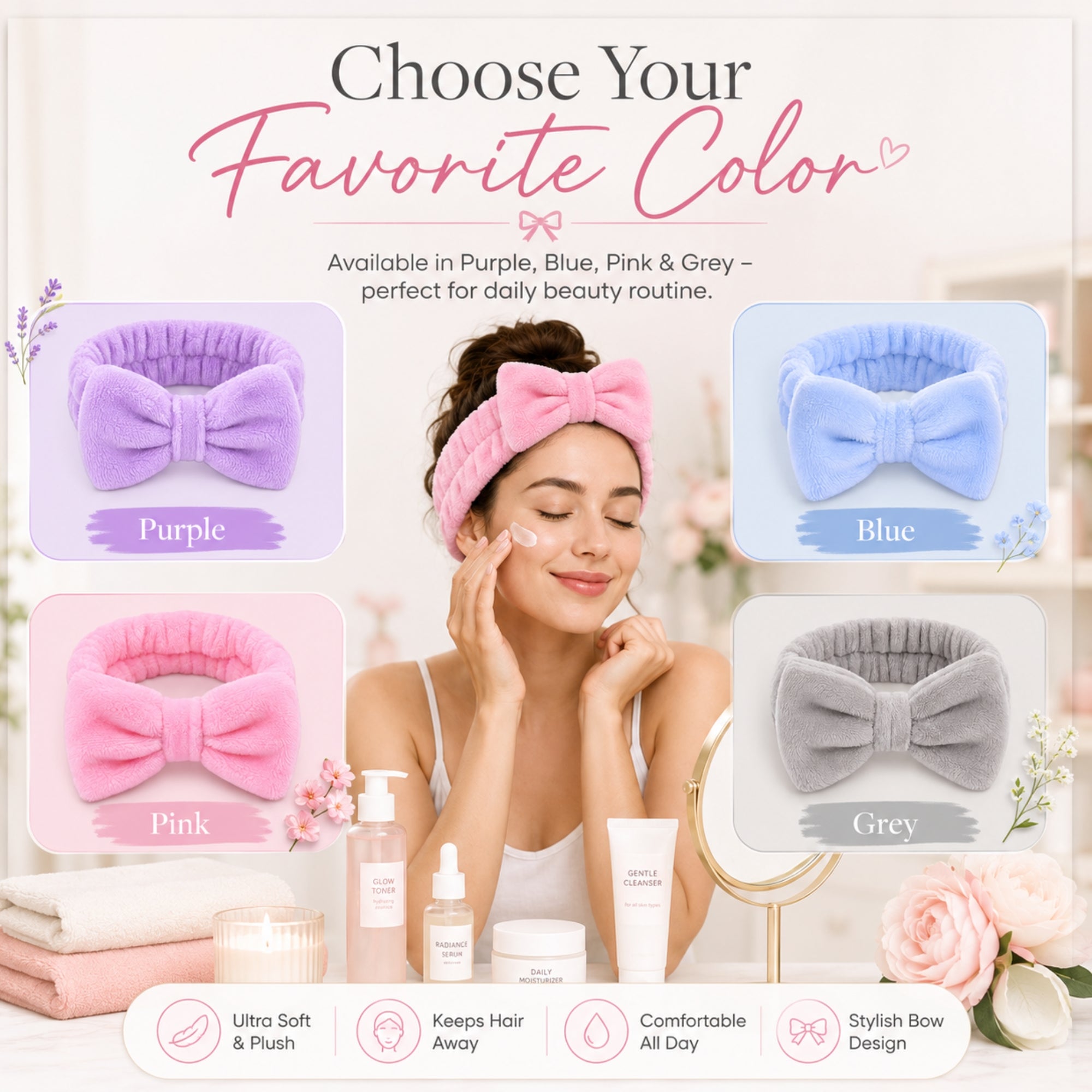Spa Headband for Women, Soft Flannel Bow Headband for Face Washing, Shower, Makeup, Skincare & Beauty Routine, Stretchy Hair Band for Daily Use