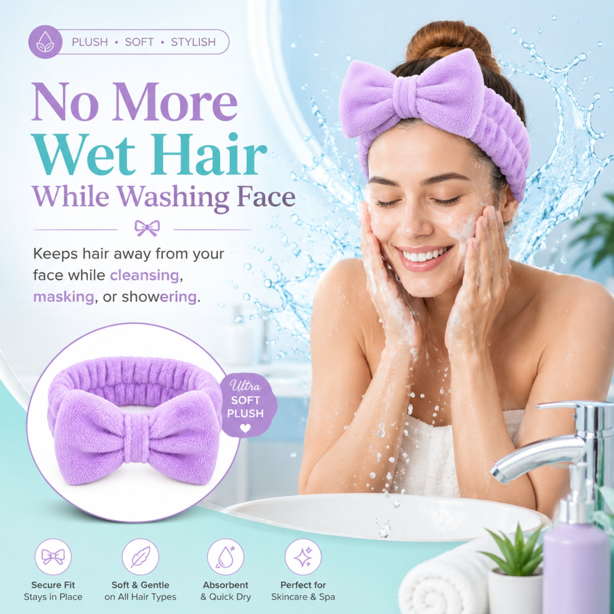Spa Headband for Women, Soft Flannel Bow Headband for Face Washing, Shower, Makeup, Skincare & Beauty Routine, Stretchy Hair Band for Daily Use