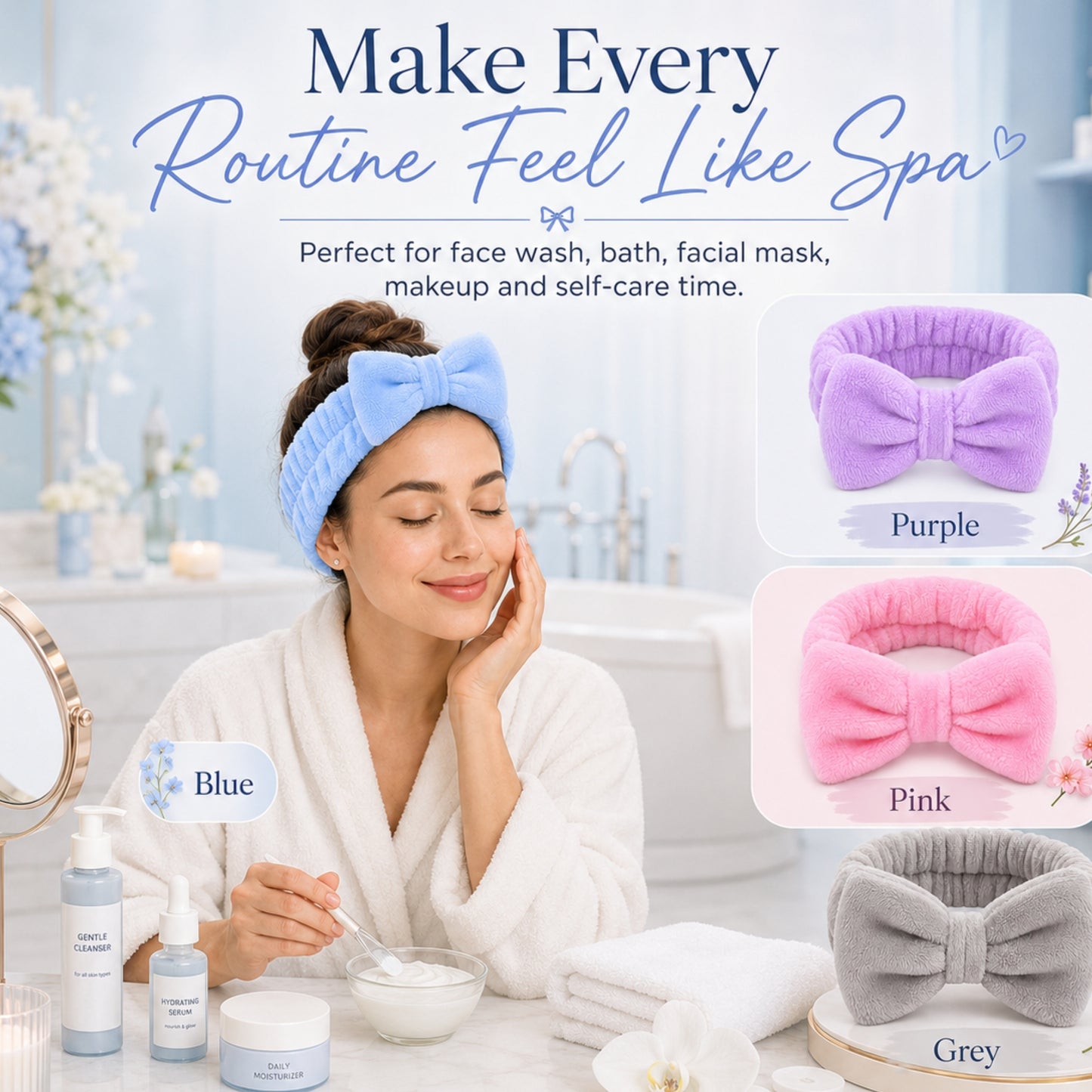 Spa Headband for Women, Soft Flannel Bow Headband for Face Washing, Shower, Makeup, Skincare & Beauty Routine, Stretchy Hair Band for Daily Use