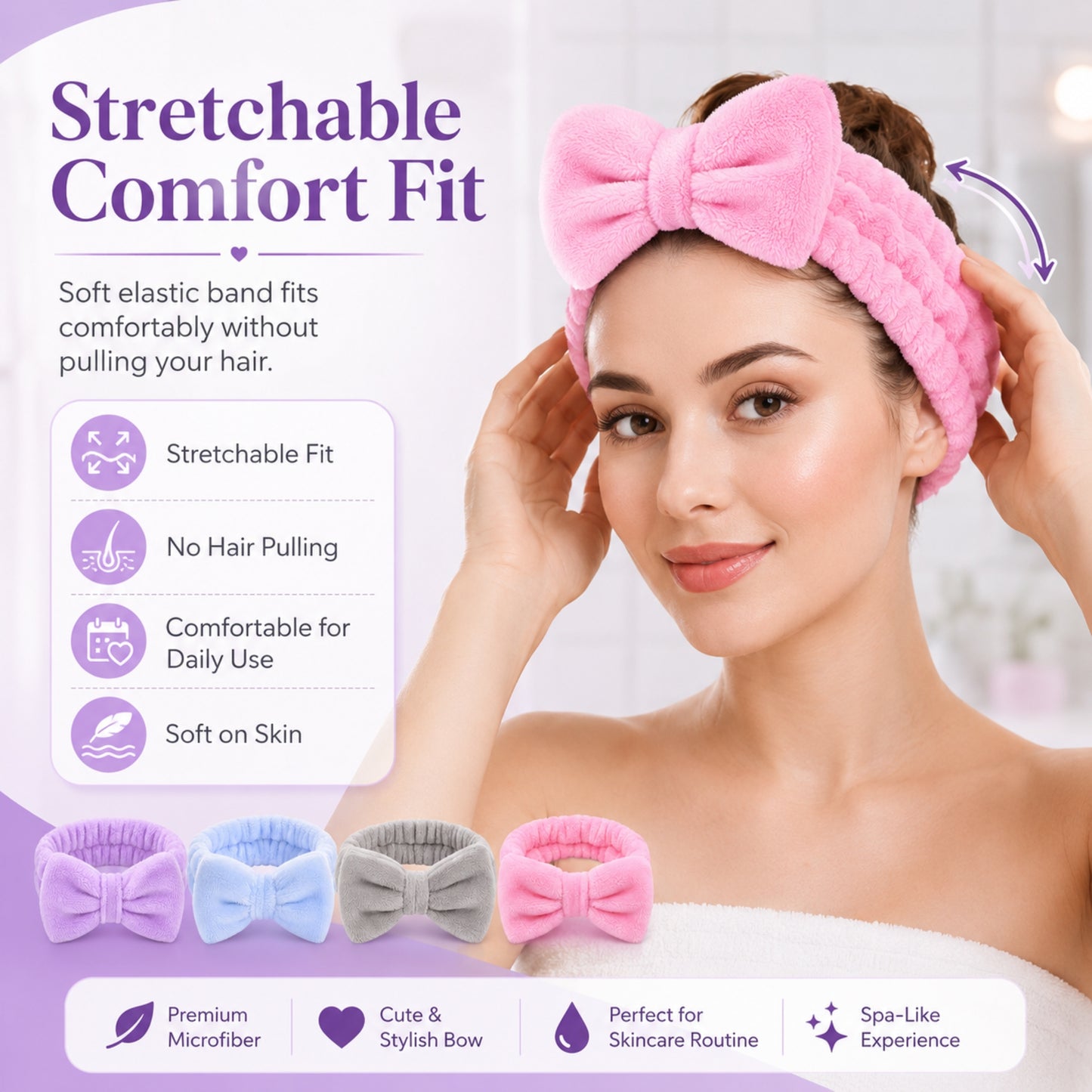 Spa Headband for Women, Soft Flannel Bow Headband for Face Washing, Shower, Makeup, Skincare & Beauty Routine, Stretchy Hair Band for Daily Use