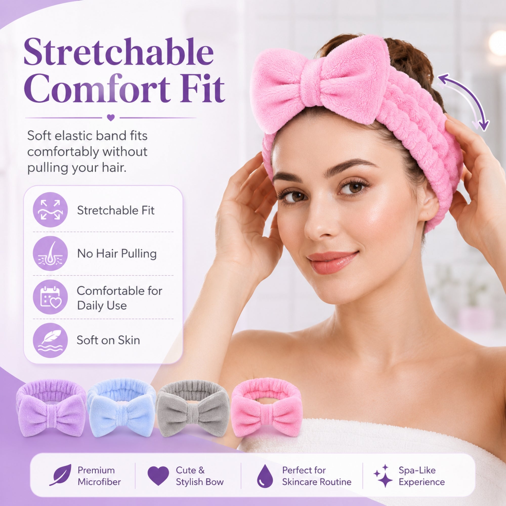 Spa Headband for Women, Soft Flannel Bow Headband for Face Washing, Shower, Makeup, Skincare & Beauty Routine, Stretchy Hair Band for Daily Use