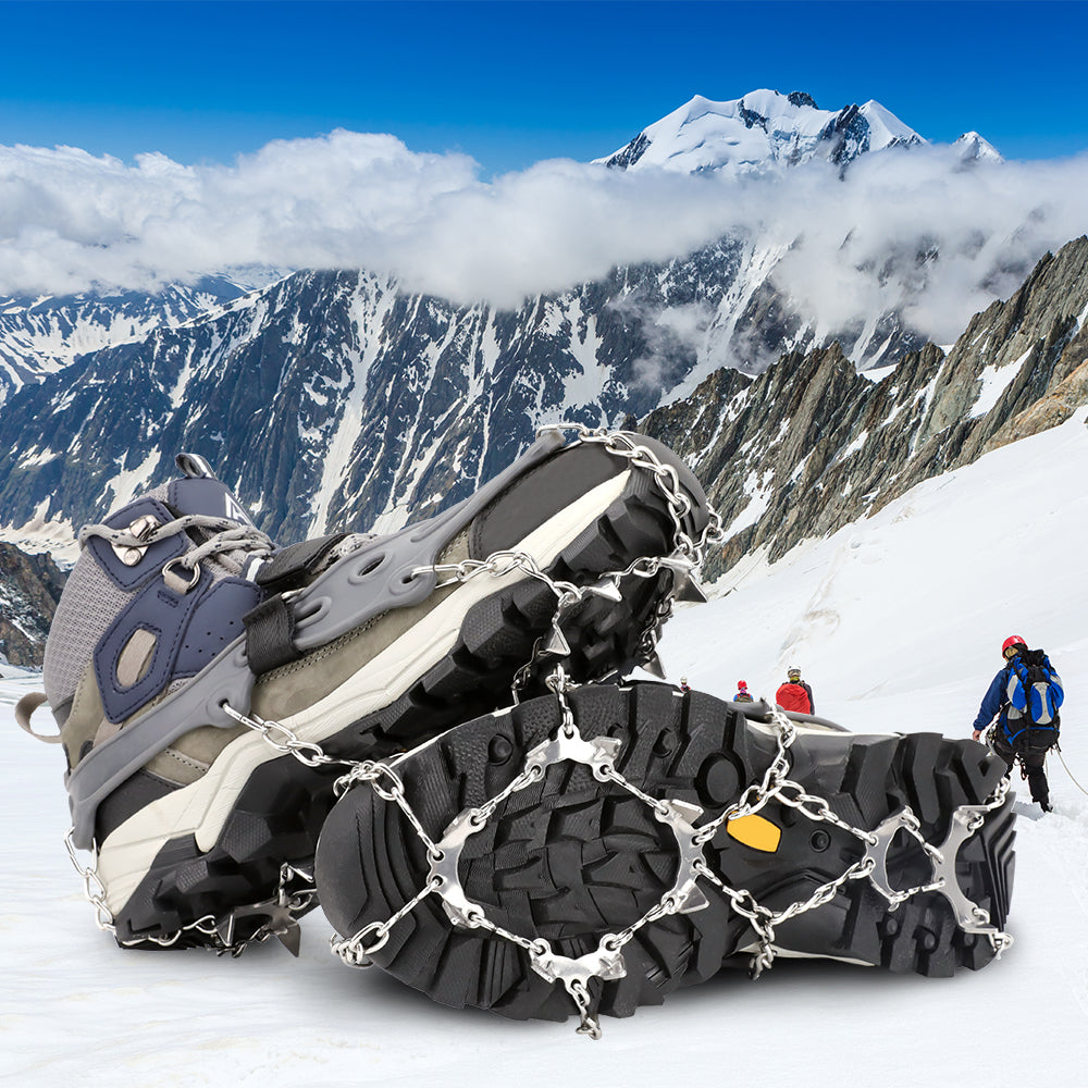Ice Cleats Traction Snow Grips for Boots & Shoes 12 Stainless Steel Spikes, Anti-Slip, Adjustable, Anti-Freeze for Hiking, Walking, Mountaineering, Fishing (Unisex)