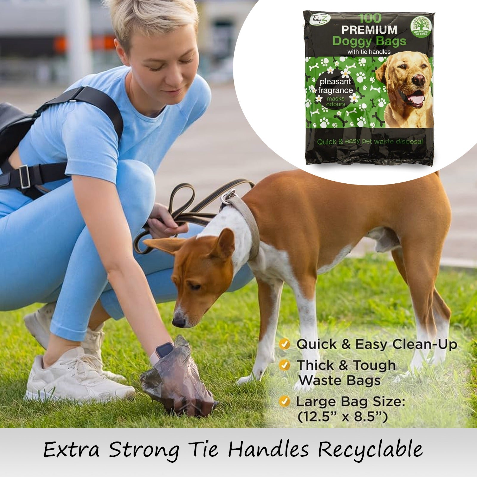 Durable and degradable doggy poop bags with a refreshing lemon scent, shown in a 3-pack packaging by Mode Blend