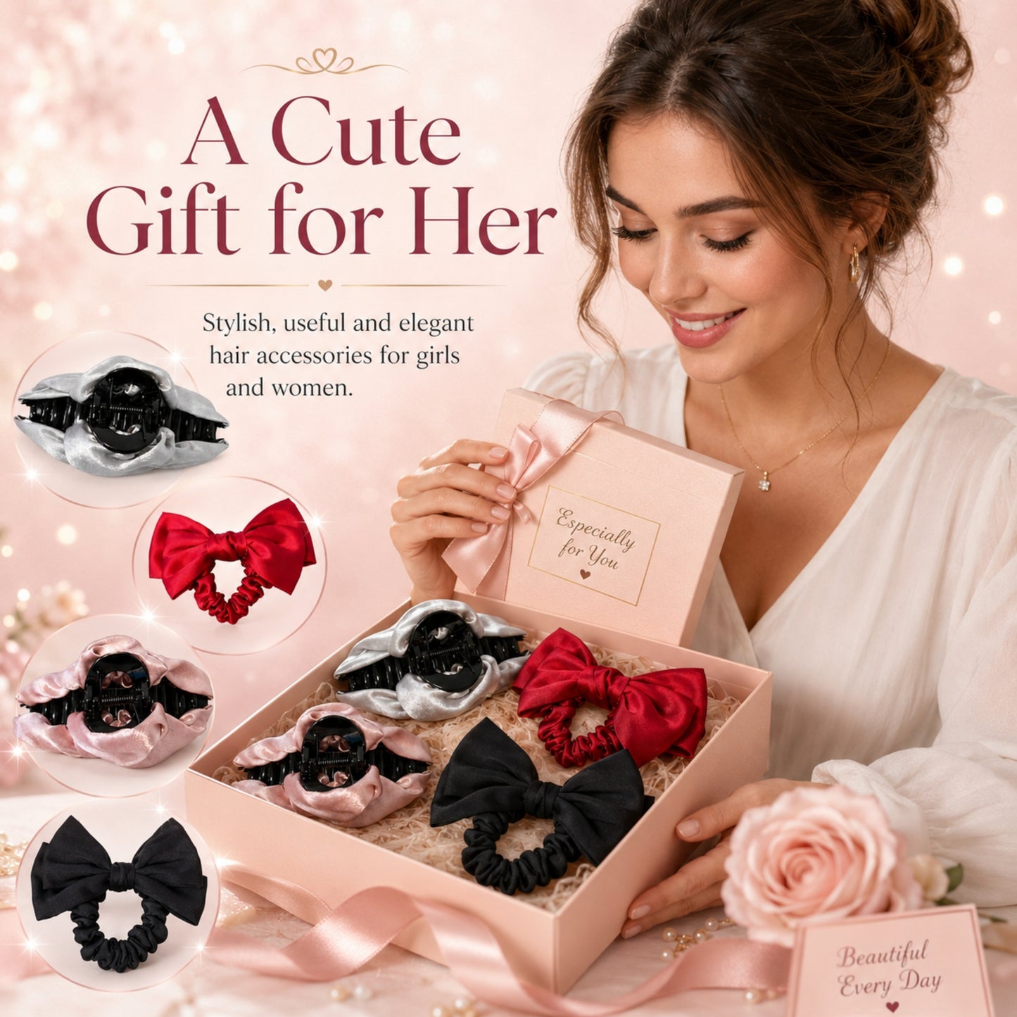 4‑Piece Satin Hair Accessory Set – 2 Bow Scrunchies & 2 Fabric‑Wrapped Claw Clips for Thick & Thin Hair,  Cute Non-Slip Hair Set