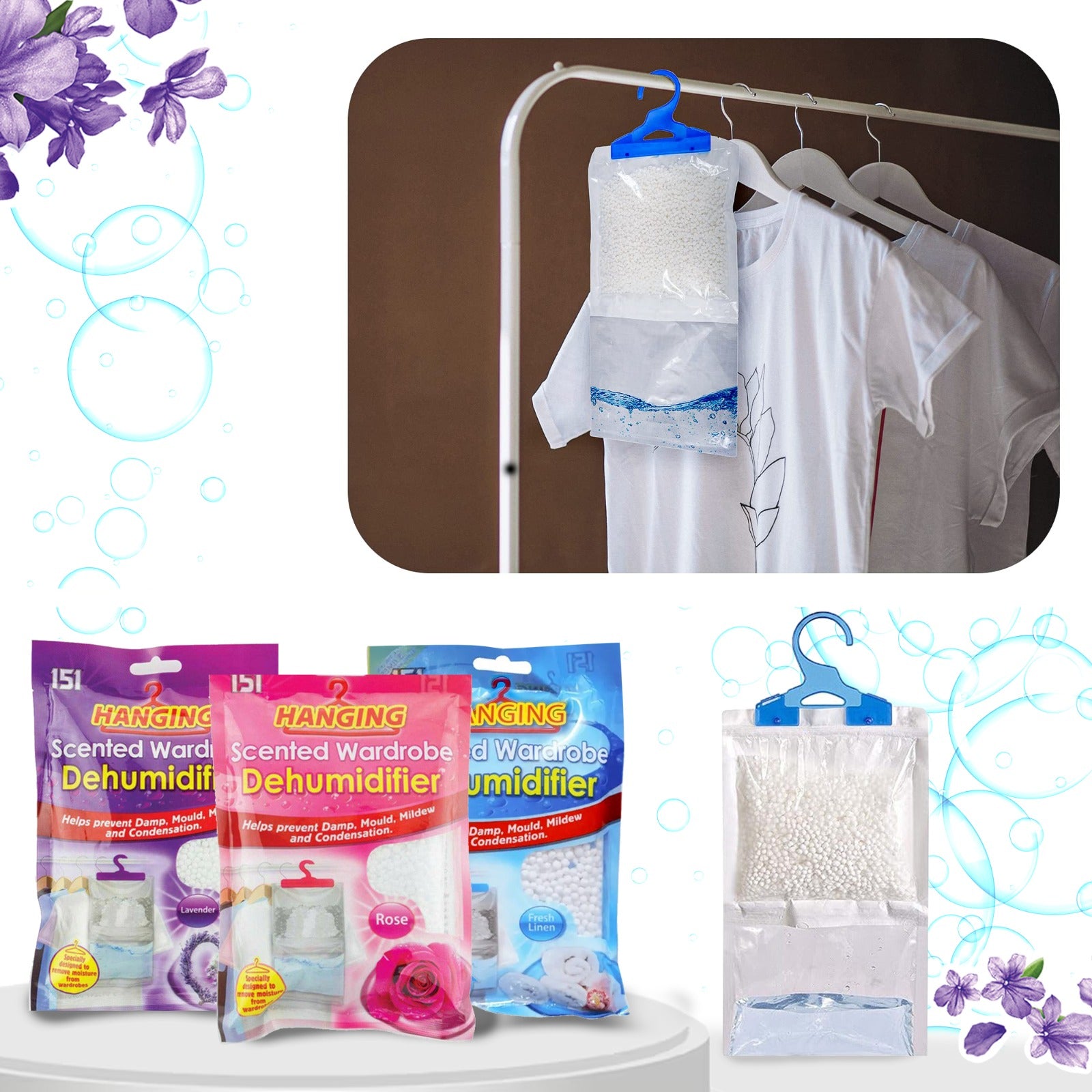 Effective 151 Hanging Wardrobe Dehumidifier Bags, 3 Pack, with Lavender Rose & Fresh Linen fragrance