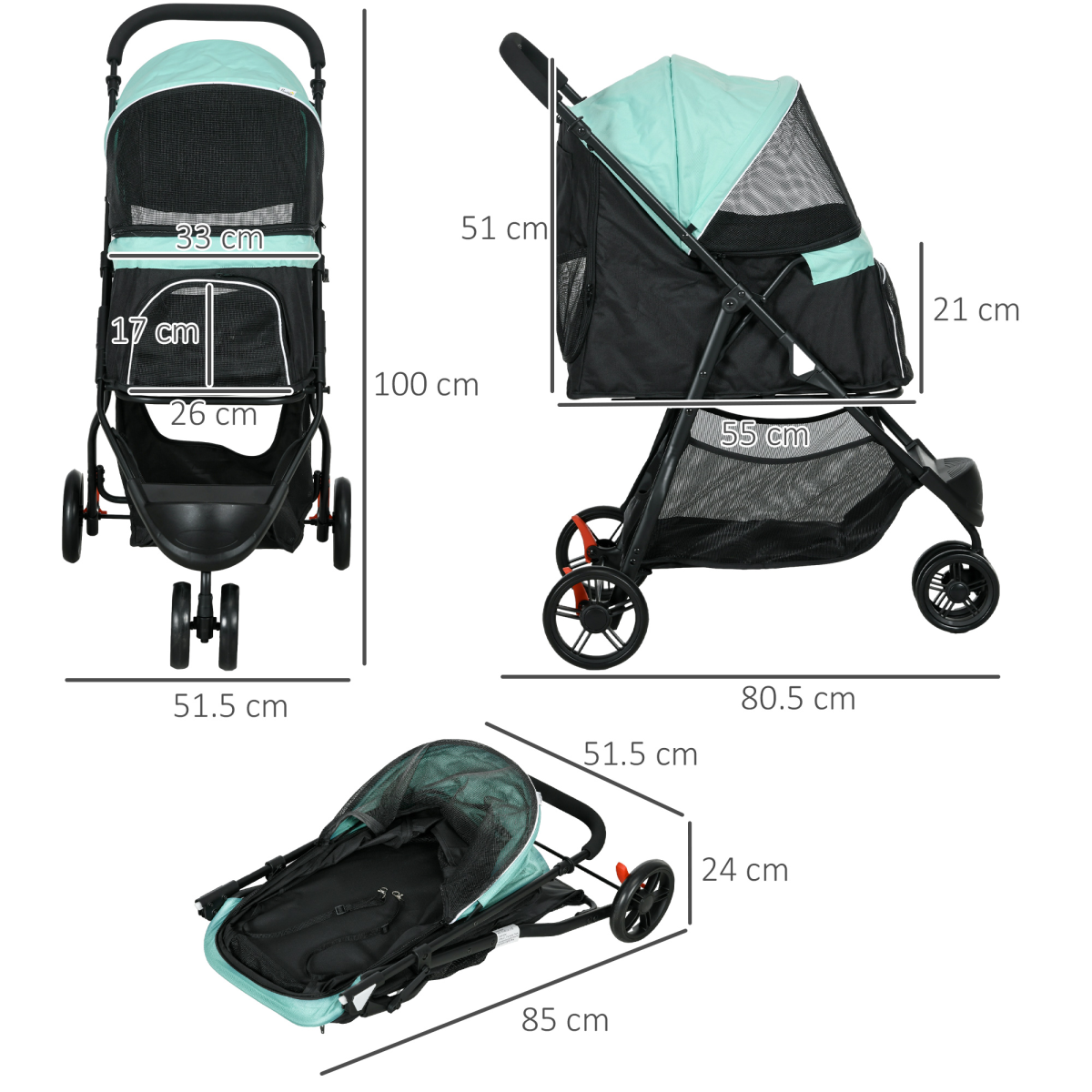 PawHut Dog Stroller for XS Dogs, S Dogs, Cats with Rain Cover Light Green
