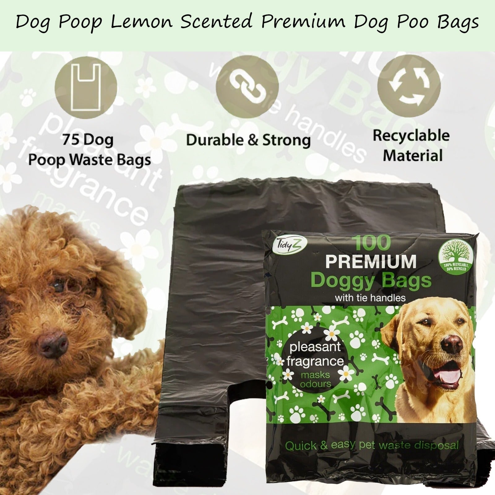 Mode Blend Tidyz Lemon Scented Premium Degradable Doggy Poo Bags with Strong Tie Handles, 3 Pack, 300 Bags - Perfect for your pet's poop clean-up
