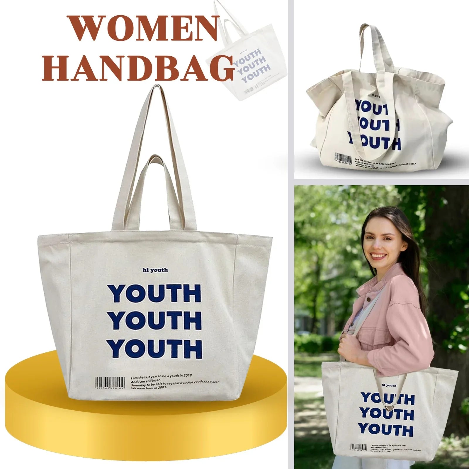 MODE BLEND Canvas Large Capacity Tote Bag, Foldable, Eco-Friendly for Beach, Travel, Shopping, and Leisure, Pack of 1 - Mode Blend