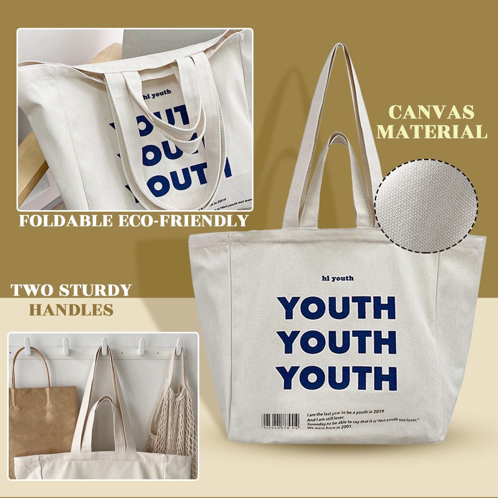 MODE BLEND Canvas Large Capacity Tote Bag, Foldable, Eco-Friendly for Beach, Travel, Shopping, and Leisure, Pack of 1