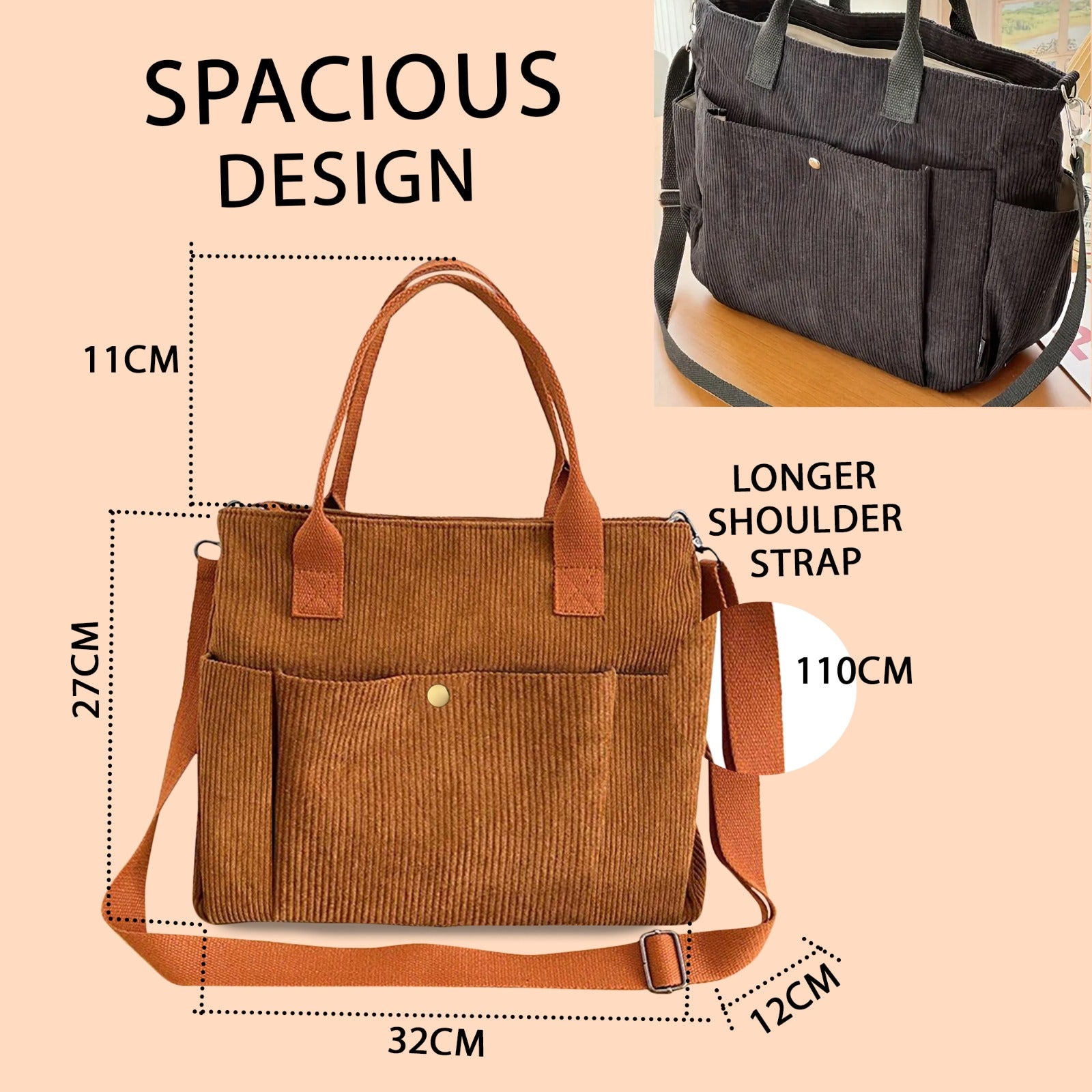 Versatile Corduroy Canvas Side Bag and Crossbody Tote, Perfect for College, Work, Travel, and Daily Use, Pack of 1