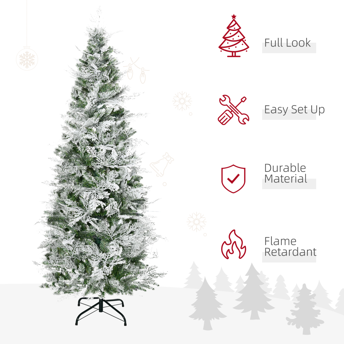 6ft Snow Flocked Artificial Christmas Tree – Slim Pencil Shape | Realistic Holiday Décor | Flame-Retardant PVC with Sturdy Metal Stand | Full & Fluffy Snowy Christmas Tree for Home, Office & Parties