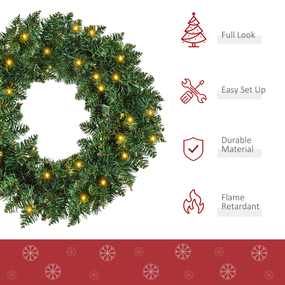 55CM Pre-lit Artificial Christmas Wreath 50 Warm White LEDs, Battery Powered, Indoor Festive Decoration