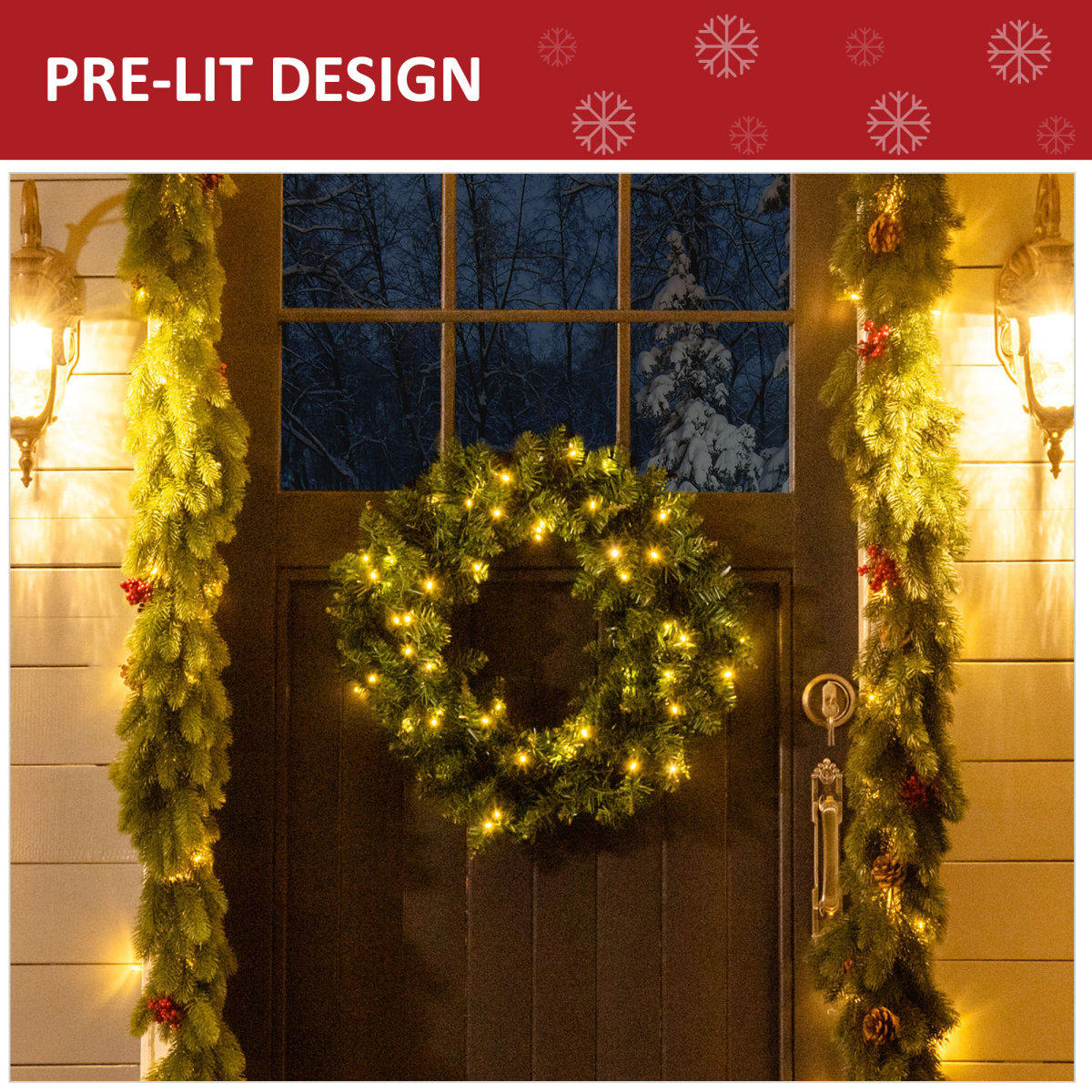 55CM Pre-lit Artificial Christmas Wreath 50 Warm White LEDs, Battery Powered, Indoor Festive Decoration