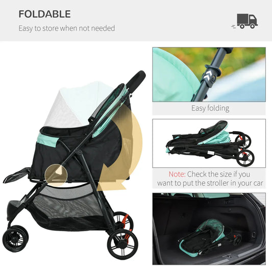 PawHut Dog Stroller for Small Dogs & Cats – Lightweight Pet Travel Carrier with Rain Cover, Safety Leash & Smooth Wheels – Foldable Pet Pram for Outdoor Walks (Light Green) - Mode Blend