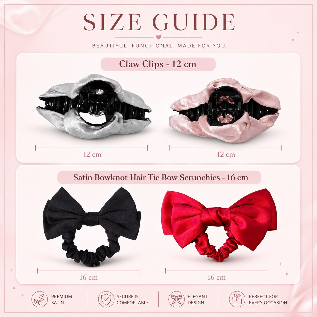 4‑Piece Satin Hair Accessory Set – 2 Bow Scrunchies & 2 Fabric‑Wrapped Claw Clips for Thick & Thin Hair,  Cute Non-Slip Hair Set