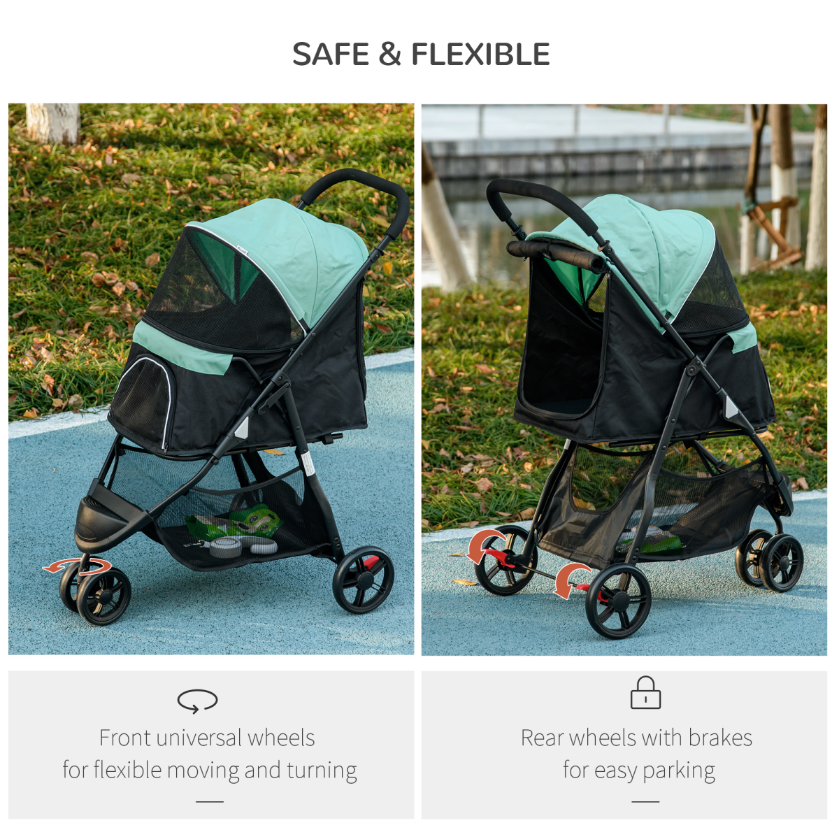 PawHut Dog Stroller for XS Dogs, S Dogs, Cats with Rain Cover Light Green
