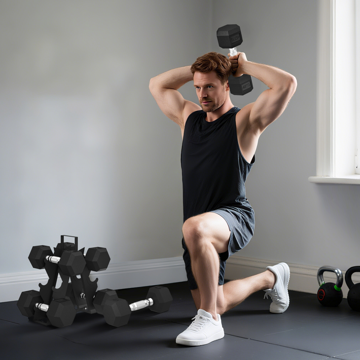 Cast Iron Dumbbell Set with Rubber Coating, Non‑Slip Handles and 4–8 kg Weights with Storage Rack – Black