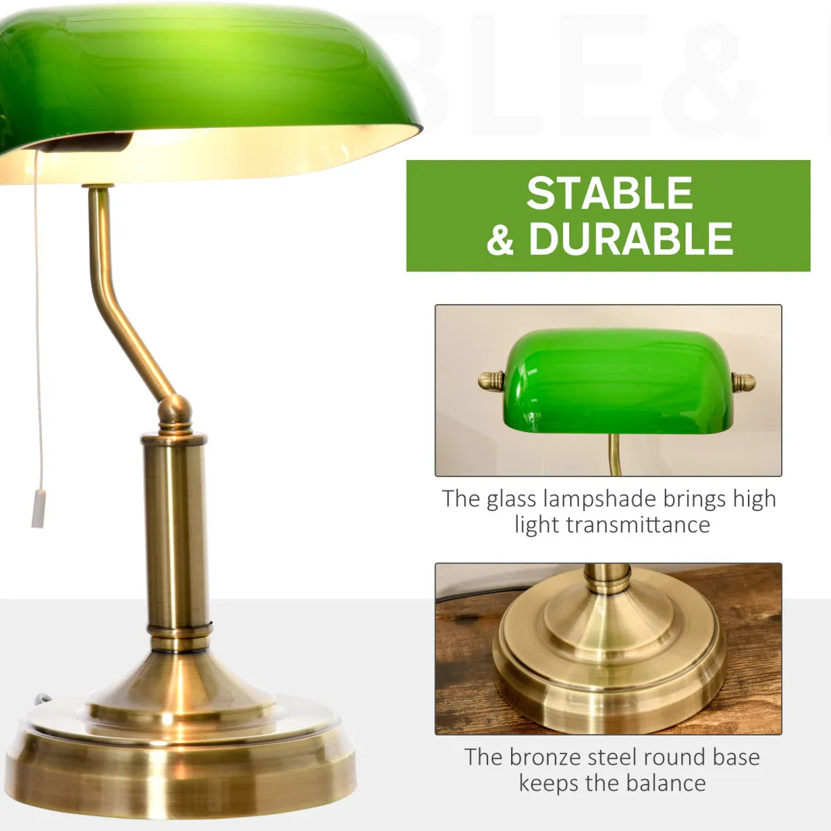 Antique Style Green Glass Banker's Desk Lamp – Brass Metal Base, Pull Chain Switch, Home & Office Lighting - Mode Blend