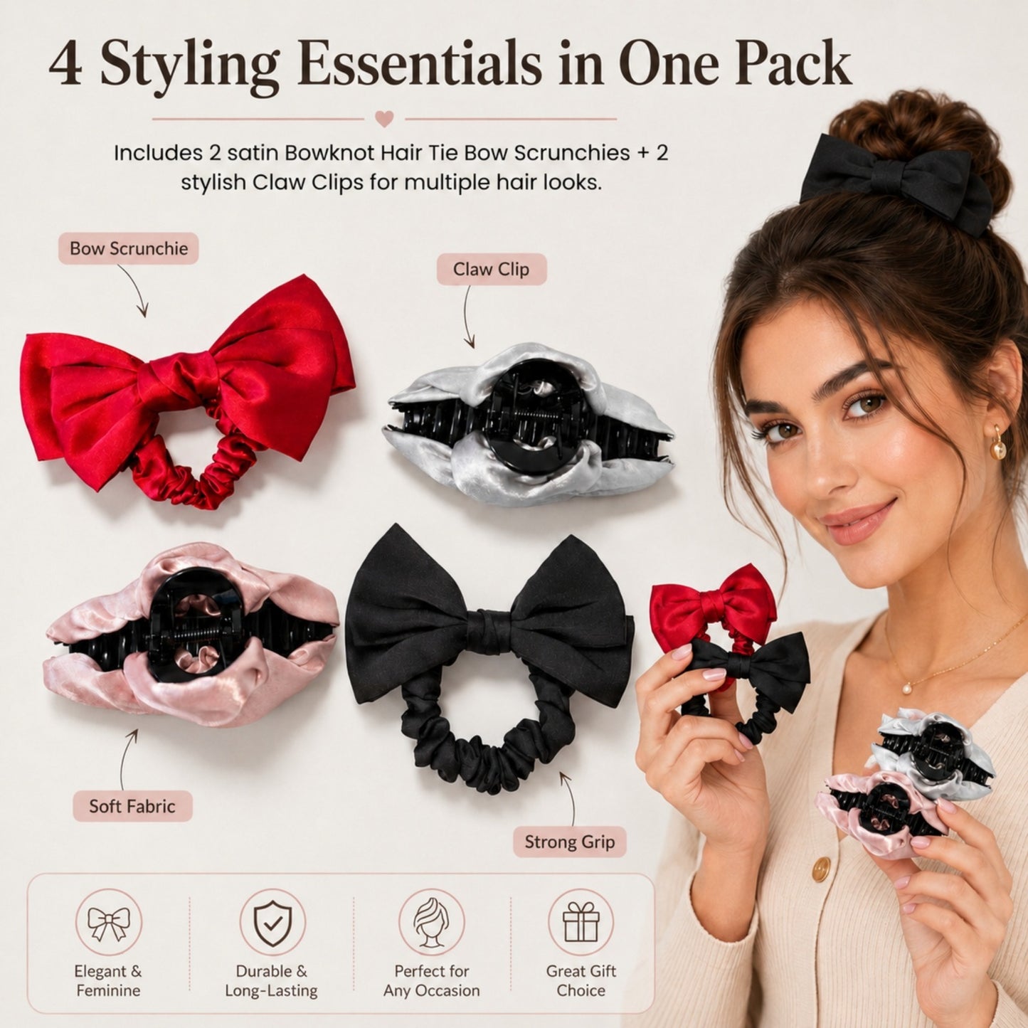 4‑Piece Satin Hair Accessory Set – 2 Bow Scrunchies & 2 Fabric‑Wrapped Claw Clips for Thick & Thin Hair,  Cute Non-Slip Hair Set