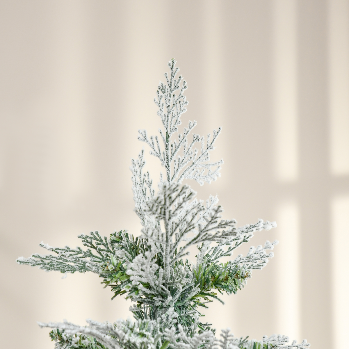 6ft Snow Flocked Artificial Christmas Tree Pencil Shape, Flame Retardant PVC, Metal Stand
