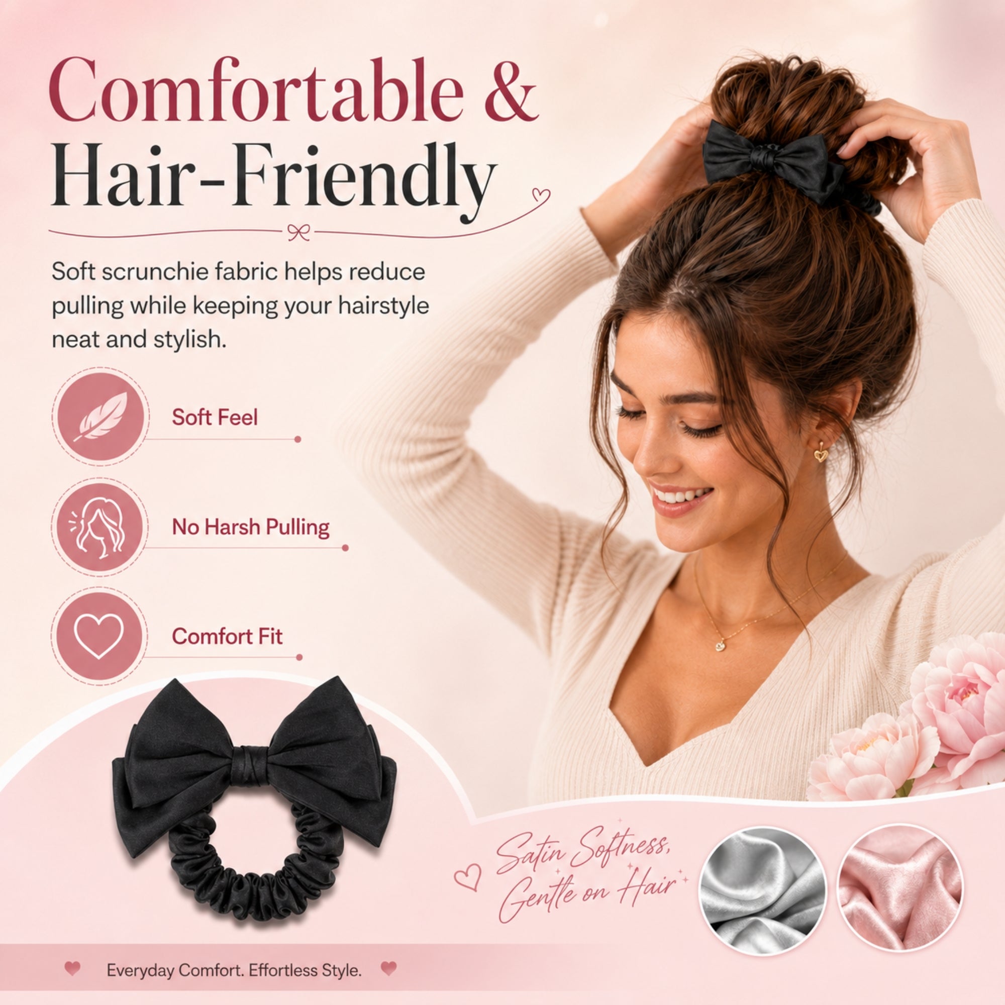 4‑Piece Satin Hair Accessory Set – 2 Bow Scrunchies & 2 Fabric‑Wrapped Claw Clips for Thick & Thin Hair,  Cute Non-Slip Hair Set