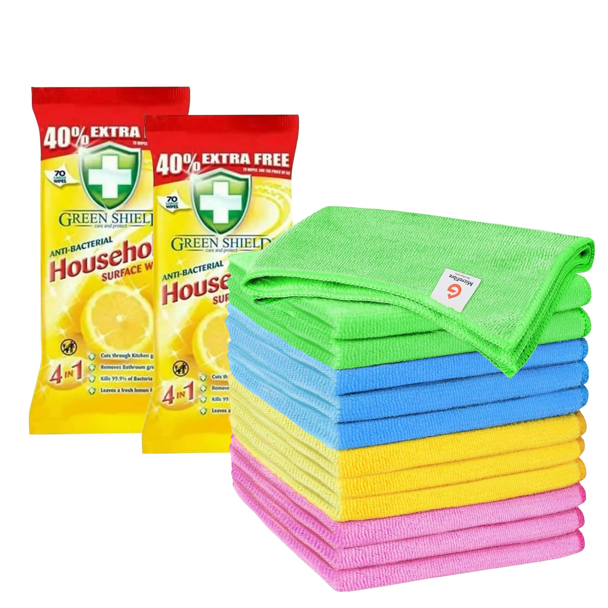 MODE BLEND Microfiber Cloth - Pack of 12 Ultra Soft Thick Highly Absorbent Lint Free Cleaning Cloths Reusable Cleaning Cloth Car Home All Surface 40x40cm (12 Pack Cloth With 2 Antibacterial Cleaning Surface Wipes)
