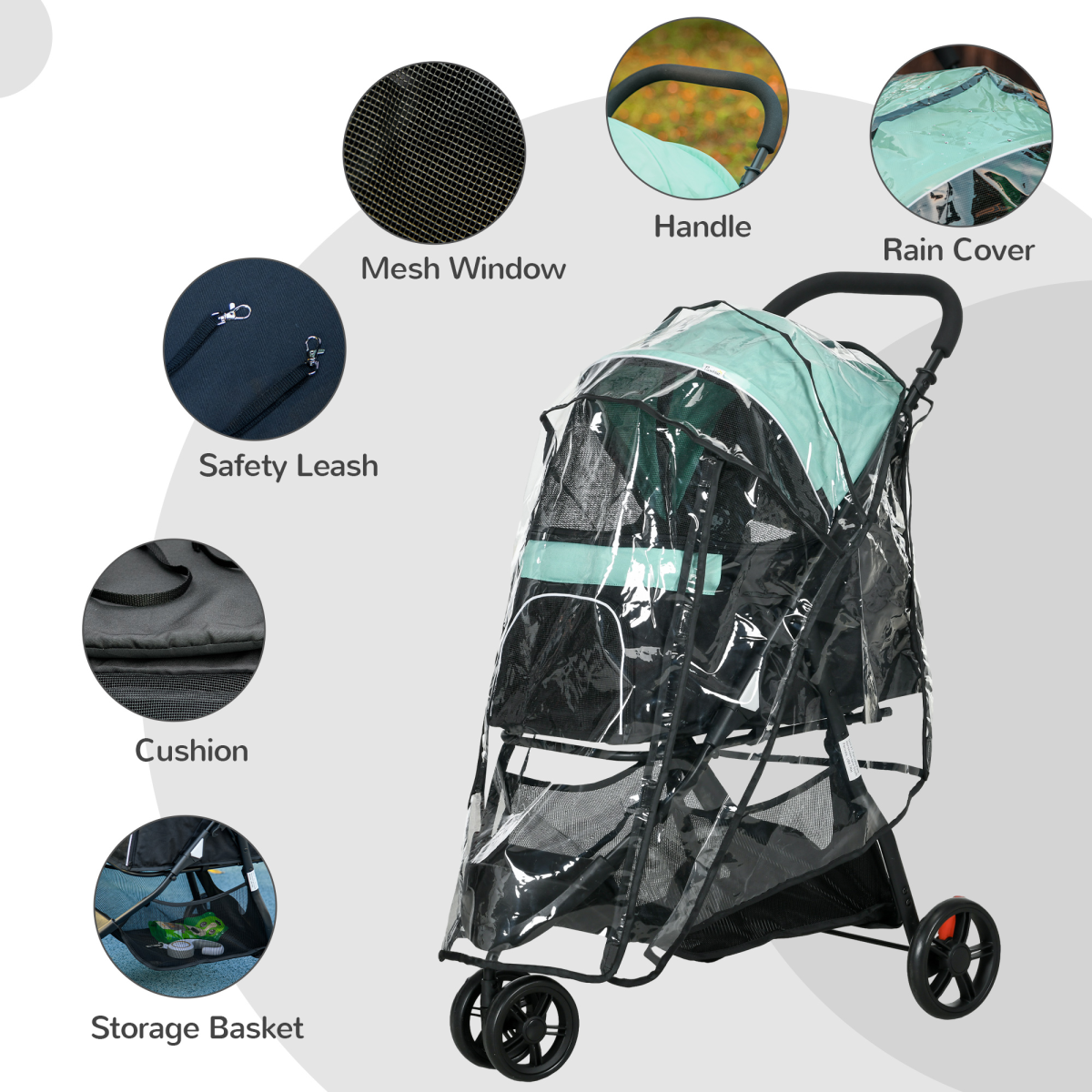 PawHut Dog Stroller for XS Dogs, S Dogs, Cats with Rain Cover Light Green