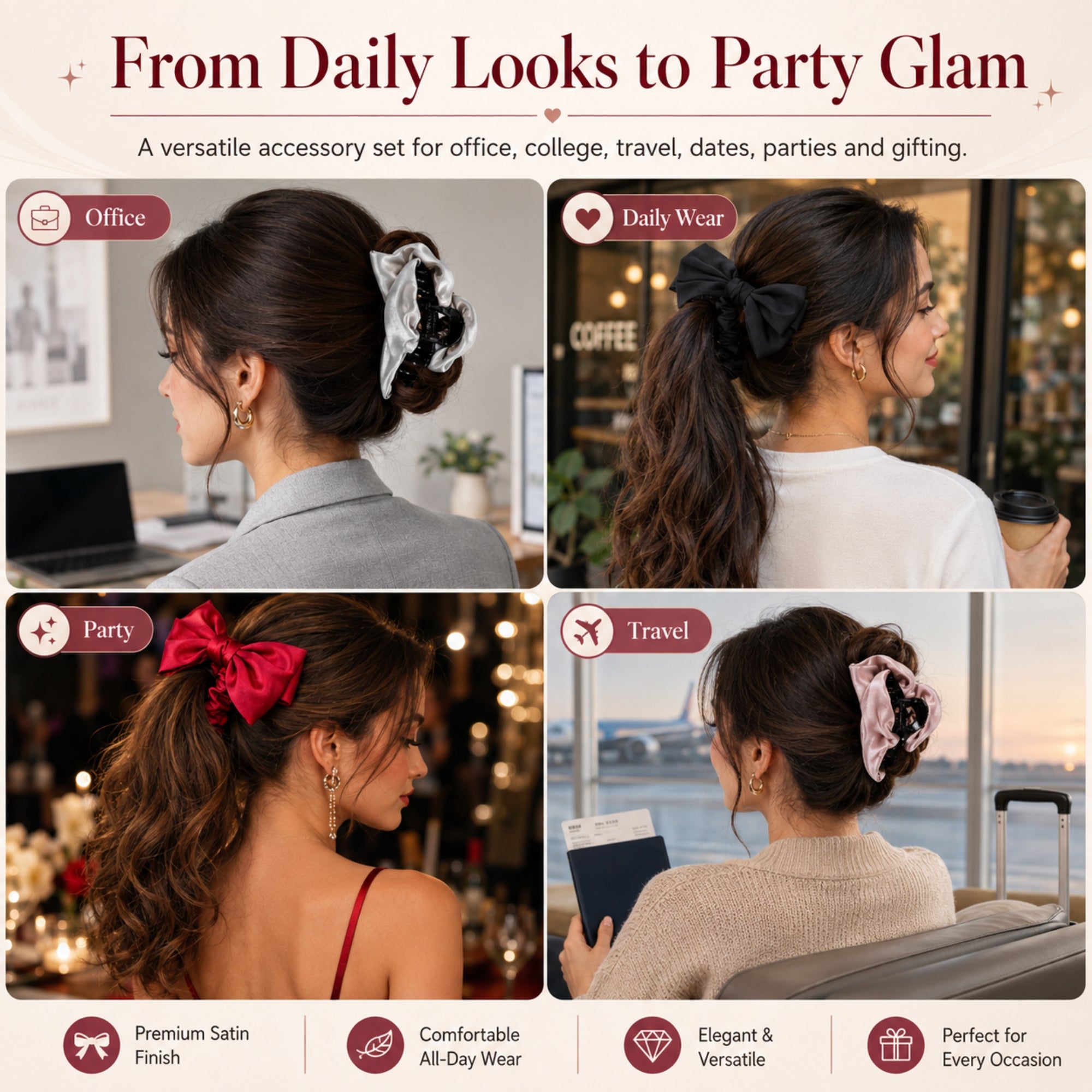 4‑Piece Satin Hair Accessory Set – 2 Bow Scrunchies & 2 Fabric‑Wrapped Claw Clips for Thick & Thin Hair,  Cute Non-Slip Hair Set