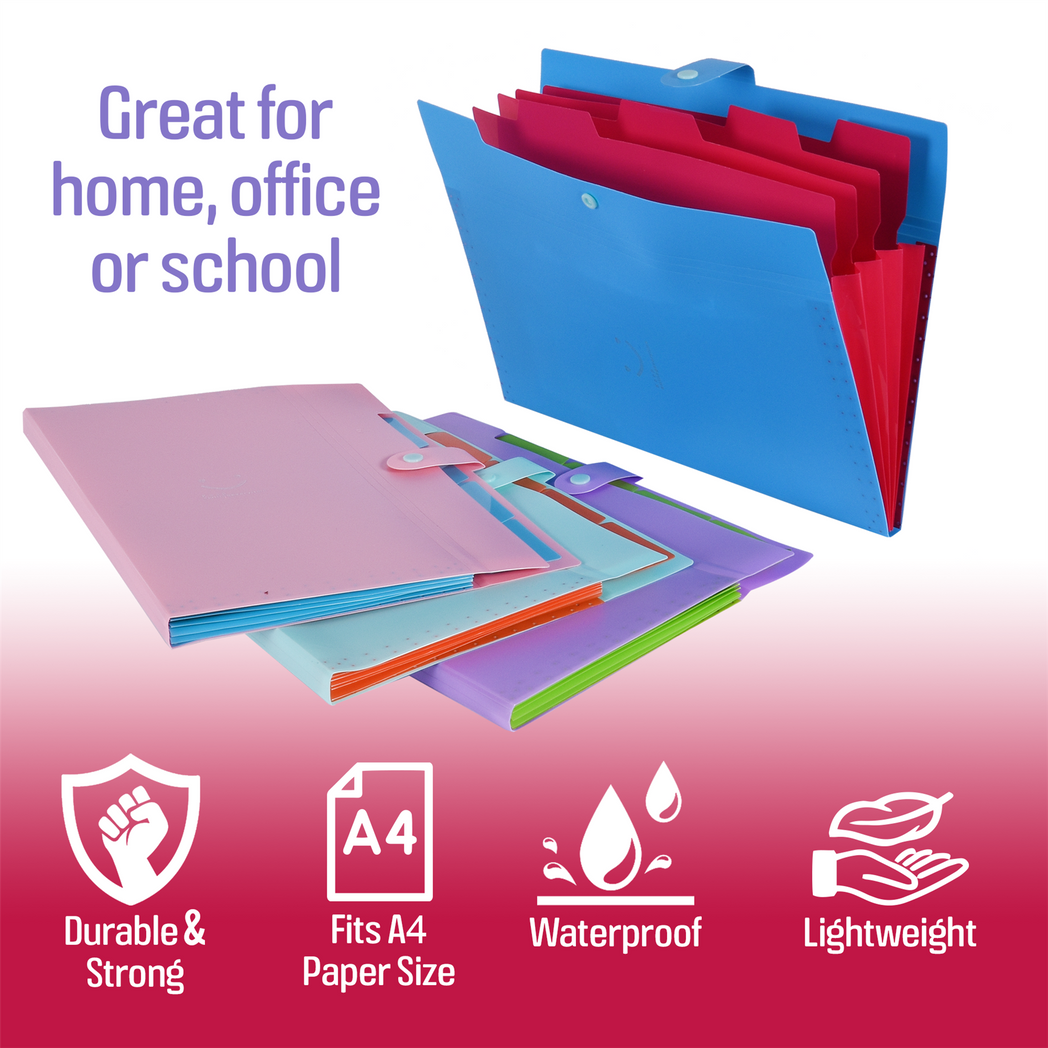 File Organiser 4 Compartment A4 Document Folder Set Waterproof Tear Resistant PP Material Pack of 4