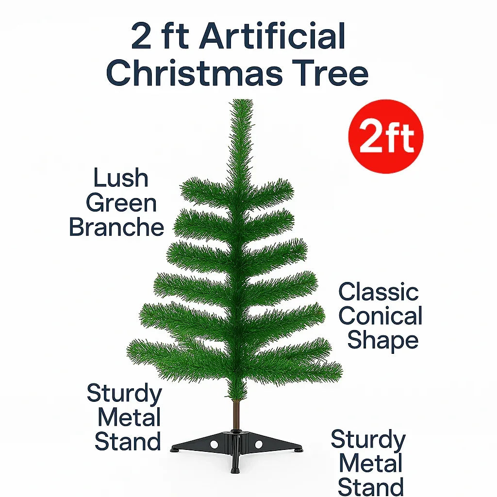 2ft Artificial Christmas Tree with Metal Stand – Compact Tabletop Holiday Xmas Decor for Home, Office & Indoor Festive Display - Mode Blend
