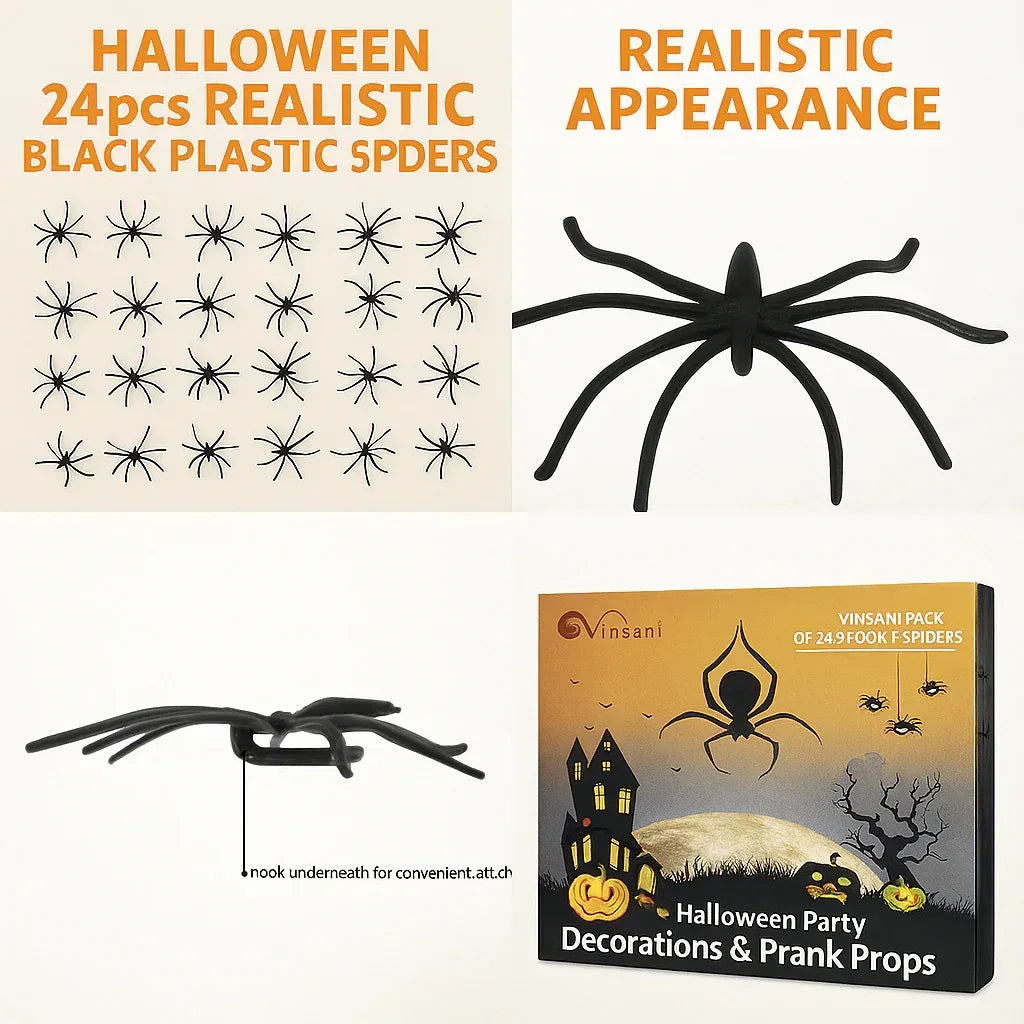 Halloween 24pcs Realistic Black Plastic Spiders – Scary Party Decorations, Haunted House Props & Prank Toys for Halloween Décor - Mode Blend