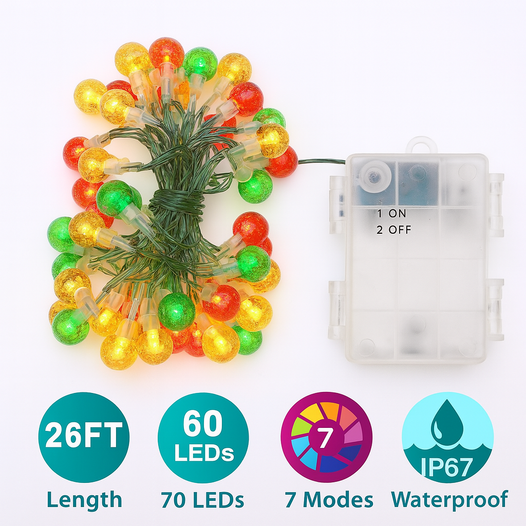Globe Fairy String Lights 26ft, 60 Multicolour LEDs, Waterproof, Battery Operated, 7 Modes for Indoor/Outdoor Decor