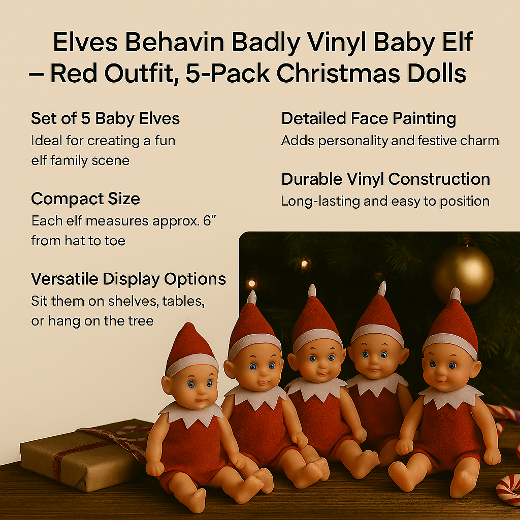 Elves Behavin Badly Vinyl Baby Elf Red Outfit, 5" Christmas Decoration Dolls, 5-Pack