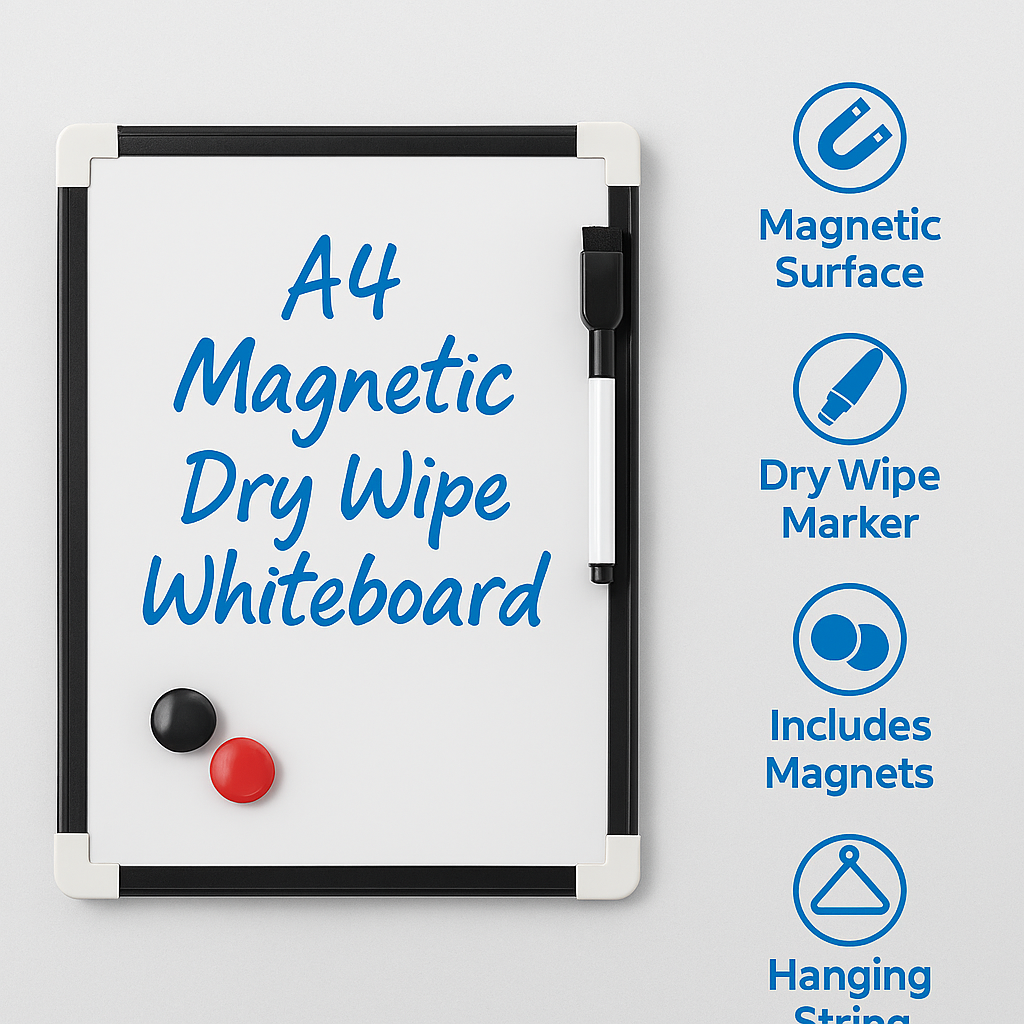 A4 Magnetic Dry Wipe Whiteboard with Pen, Eraser & Magnets – Portable Message Board for Home, Office & Kids Learning