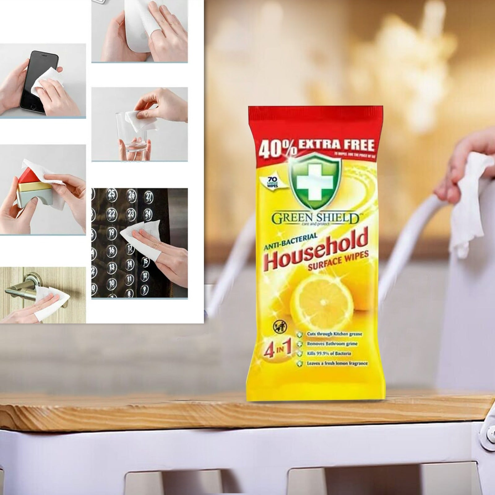 Mode Blend Care and Protect wipes placed near household cleaning essentials.