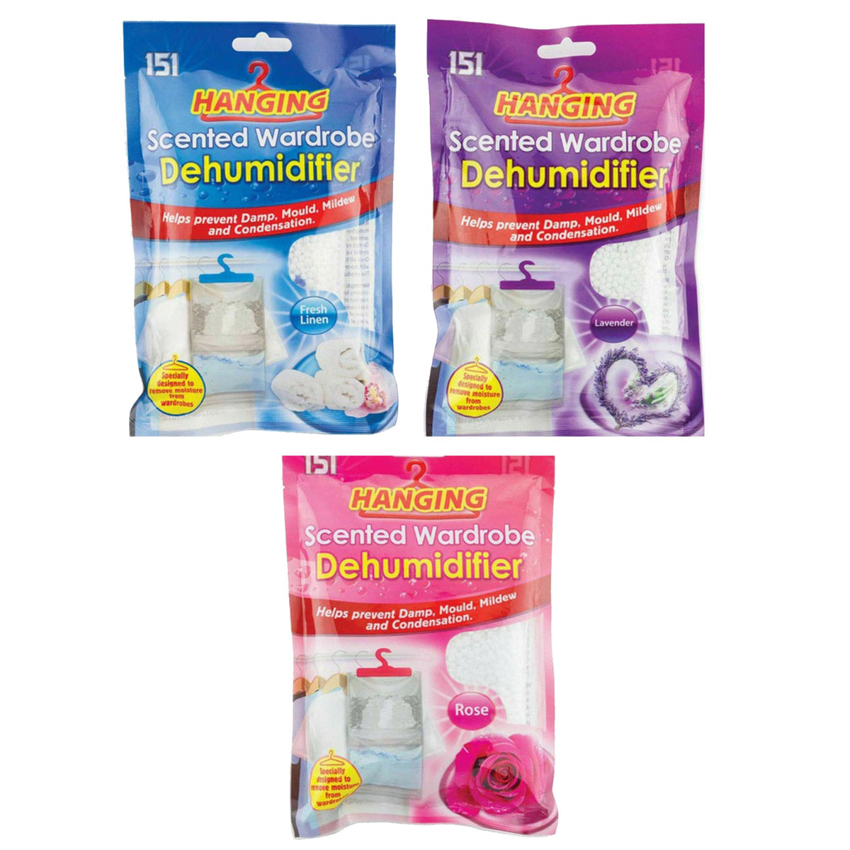 Freshen your closet with Mode Blend 151 Hanging Wardrobe Dehumidifier Bags, Lavender Rose & Fresh Linen scent