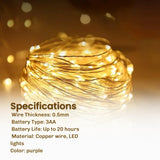 LED Copper Wire String Lights Mini 3AA Battery Operated/Powered Copper Wire LED Firefly Lights for Bedroom Decoration Wedding Home Christmas Parties Holiday (White, 5M - 50LED) [Energy Class A] - Mode Blend